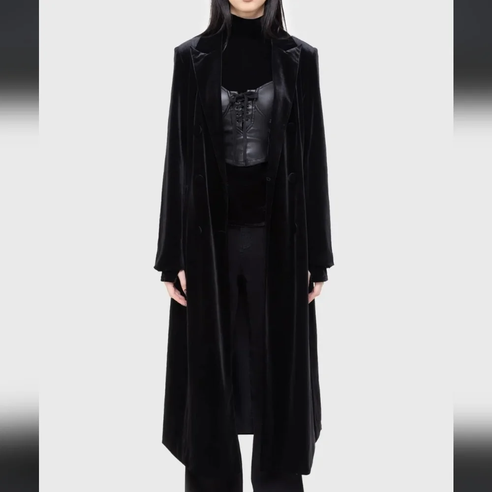 Killstar Black Velvet Trench Coat - Picture 3 of 9